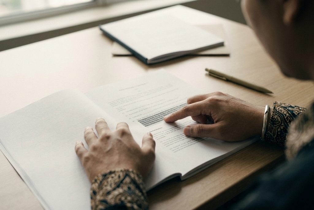 Hands reviewing an arbitration clause in Malaysia within a printed contract, one paragraph lightly underlined in pencil