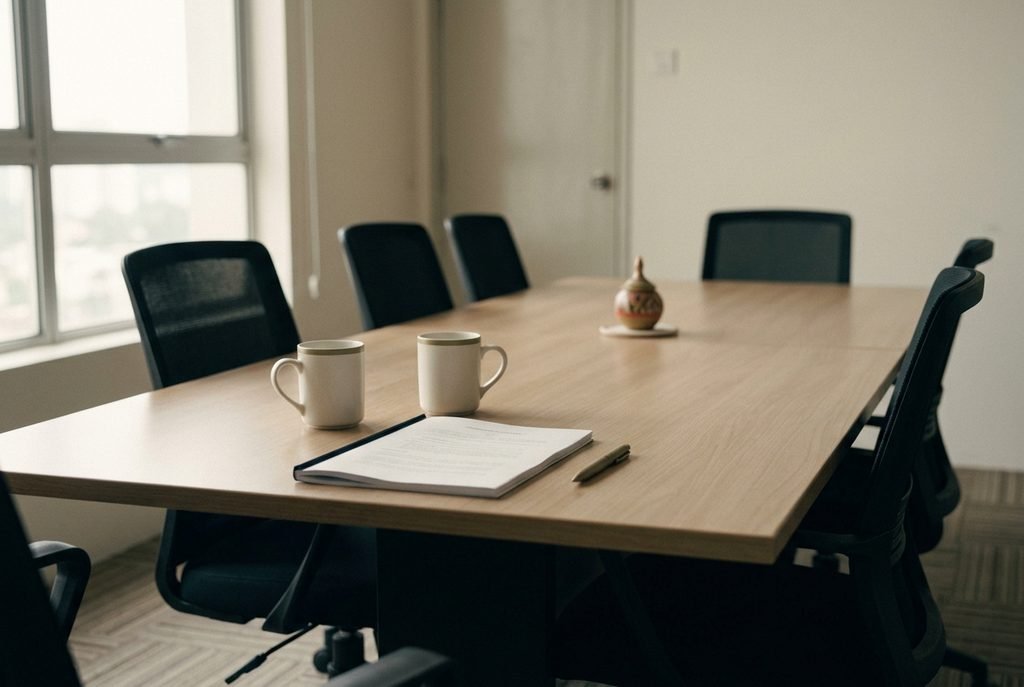 An empty, quiet meeting room with a small round table and chairs, set up for a private proceeding rather than a courtroom