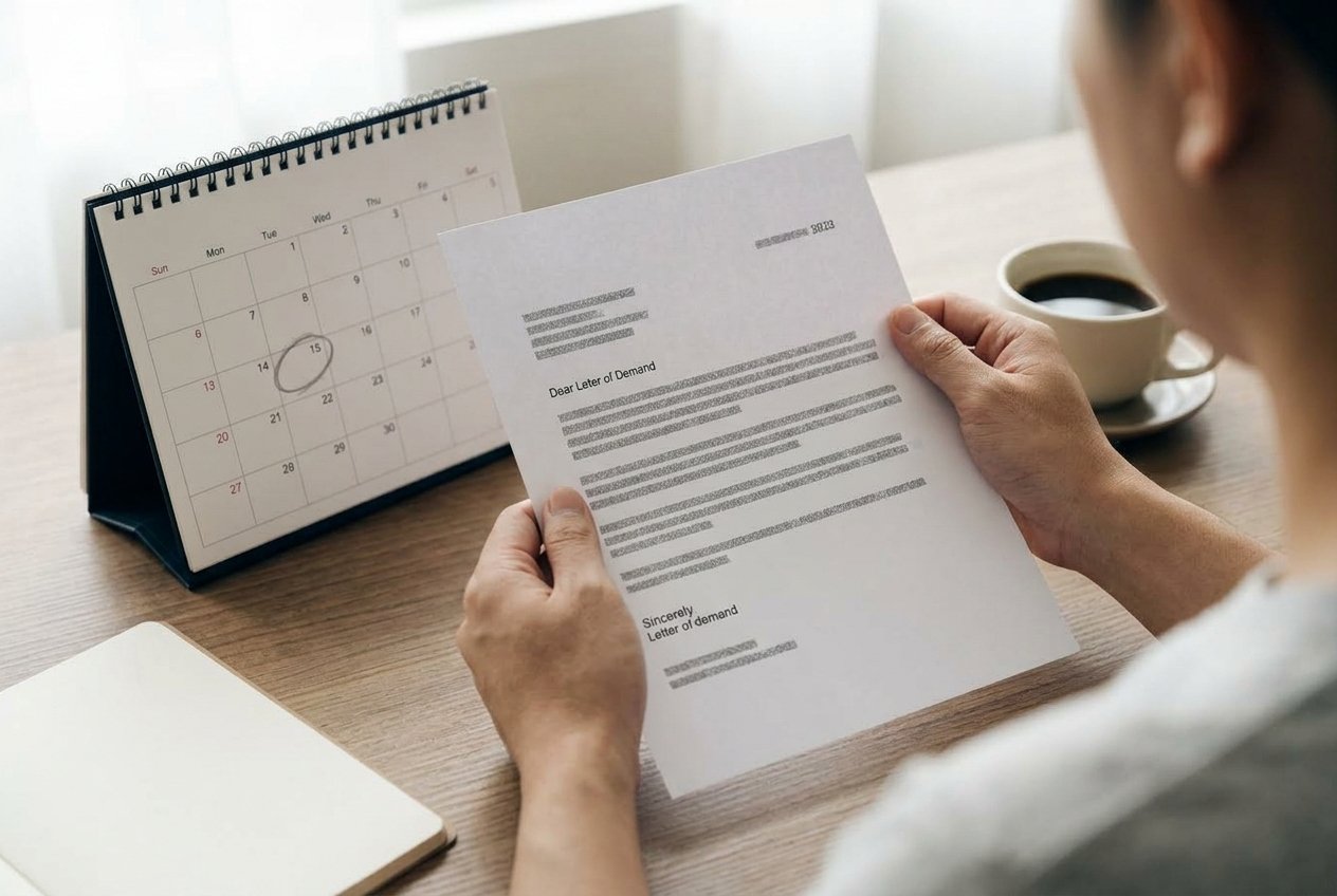 Hands holding a letter of demand in Malaysia at a desk beside a calendar with one date circled in pencil