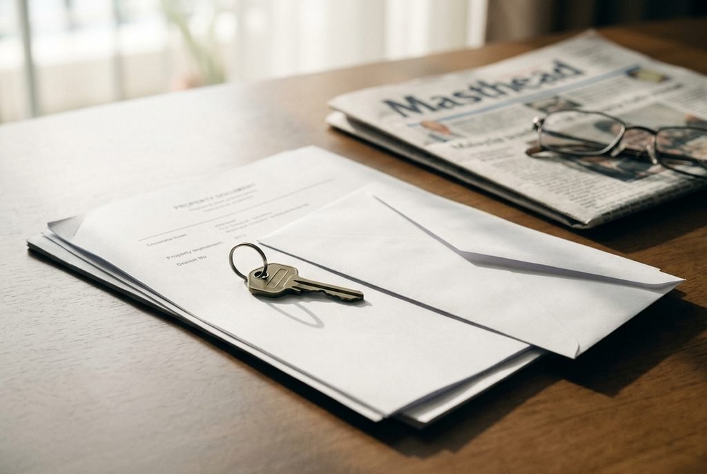 A house key on property documents, symbolising what happens to a family home when you die without a will in Malaysia