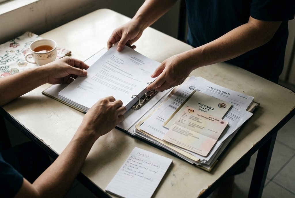 Hands sorting death certificate, EPF, and insurance documents into a folder on a home dining table