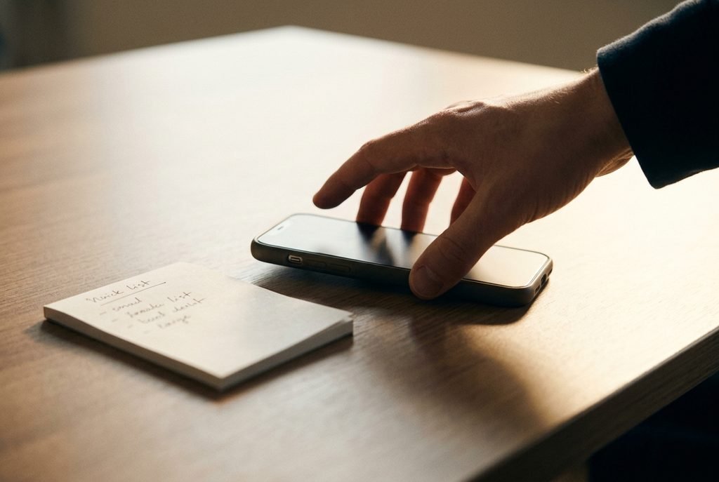 A hand reaching for a mobile phone resting on a table next to a short handwritten notepad list